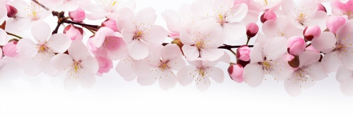 Panoramic view of pink cherry blossoms on branches against a white background., close up, banner with copy space, white background