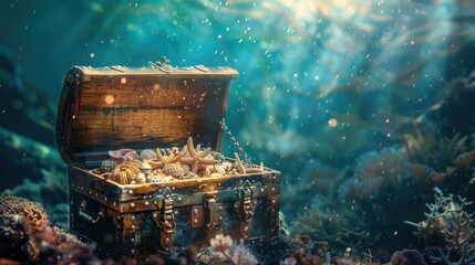 Open treasure chest sunken at the bottom of the sea
