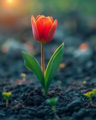 Solitary Tulip Emerging from Soil at Sunset