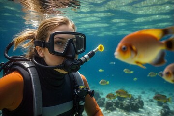 Naklejka na ściany i meble Underwater portrait of a female diver: Watery depths.