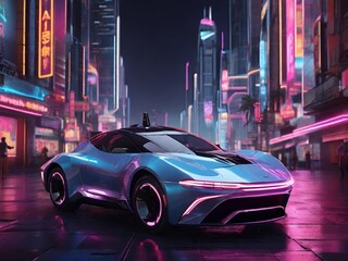 Fototapeta premium Drive into the future with our mesmerizing neon-lit futuristic car photo. Illuminate your desires for cutting-edge automotive design and high-tech elegance.
