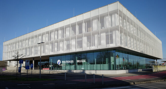 Bruges, Belgium - Feb 27 2024 White Local Policeoffice Bruges. It's a modern building, designed by the architects Beel and Achtergael
