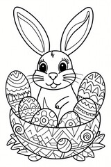 Coloriage d'un lapin souriant entour&eacute; d'&oelig;ufs de P&acirc;ques dans un panier