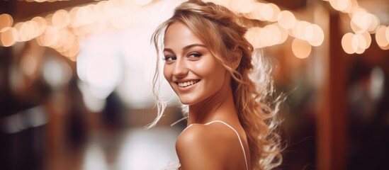A woman with long blonde hair is smiling directly at the camera. She exudes joy and happiness, creating a warm and inviting atmosphere. The background features garlands and light bulbs, adding a