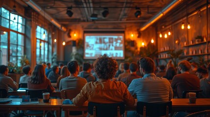 a group of people are sitting at tables in front of a projector screen