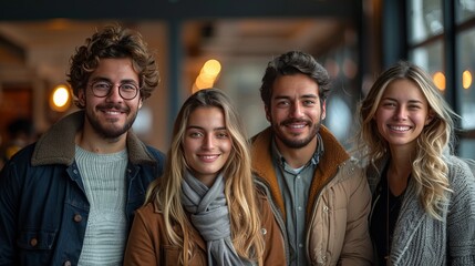 a group of young people are posing for a picture in a restaurant - obrazy, fototapety, plakaty