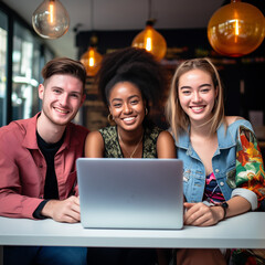 group of friends with laptop