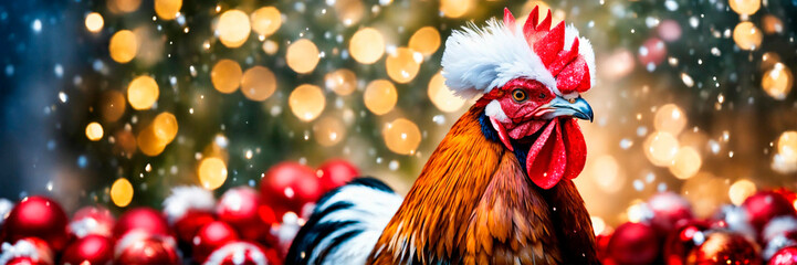rooster wearing a santa hat year of the rooster. Selective focus. - obrazy, fototapety, plakaty