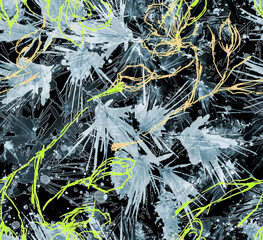 seamless watercolor background with branches, flowers. Branch with a bump, pine cone. Coniferous sprig of cedar, pine, spruce in watercolor, wild flowers. Trendy art background, paint splash, stain