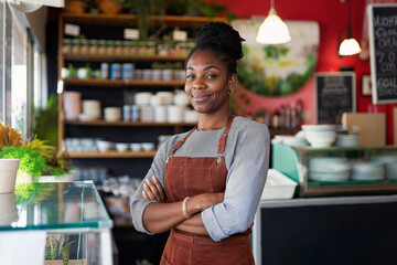 Confident African American cafe or bistro owner standing with arms crossed, embodying entrepreneurship and small business spirit.

