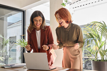 Two happy excited professional business women of young and middle age celebrating success together,...