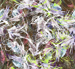 seamless watercolor background with branches, flowers. Branch with a bump, pine cone. Coniferous sprig of cedar, pine, spruce in watercolor, wild flowers. Trendy art background, paint splash, stain