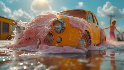 Papier Peint photo Lavable Voitures anciennes layful Car Wash Mayhem: Yellow Vintage Car Covered in Soap Bubbles on Sunny Day