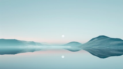 Tranquil mountain reflection in water - A serene landscape depicting tranquil mountains reflected on a still water surface with a calming blue color palette