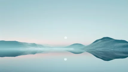Zelfklevend Fotobehang Tranquil mountain reflection in water - A serene landscape depicting tranquil mountains reflected on a still water surface with a calming blue color palette © Tida