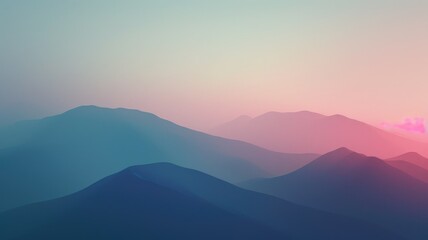 Soft layered mountains under pink sunrise - Softly layered mountains bask under the hues of a tranquil pink sunrise, invoking a sense of peaceful beginnings