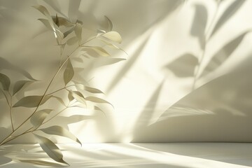 Soft shadows cast by natural elements on white wall - A branch with delicate leaves casting intricate shadows on a pristine white wall, illuminated by warm sunlight