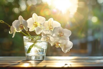 white orchid flower decoration in a glass vase with sunlight on wooden table with copy space, floral spa background with spirit of purity