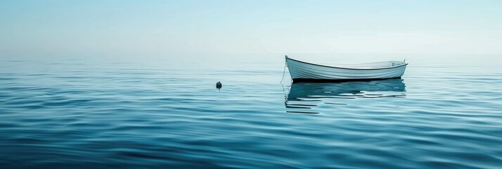 Lonely rowboat on a tranquil water surface - A solitary rowboat gently bobs on a placid water surface, evoking feelings of solitude and introspection in a vast open space