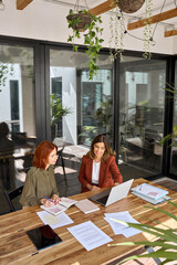 Two busy happy business women of young and middle age talking in green office sitting at desk. Professional ladies employee and manager having conversation looking at laptop at work. Vertical top view