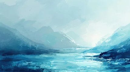 Zelfklevend Fotobehang Misty blue mountain digital art landscape - A serene digital art landscape depicting misty blue mountains, evoking a sense of calmness and solitude © Tida