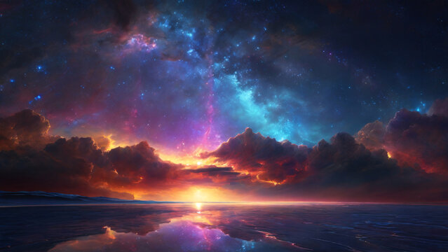 Fantasy alien planet. Mountains and lakes. colorful interstellar
