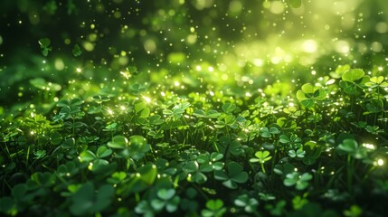 hiding Leprechaun hat sticking out amongst clovers, Saint Patrick's Day, rainbow, glittercore, Incandescent plasma, Beautiful, Ambience, Shimmering, Ray Tracing, fantasy mapping, fantastic realism
