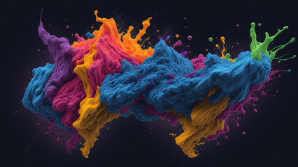 colorful paint splashes isolated on black background. 3d render, Holi festival