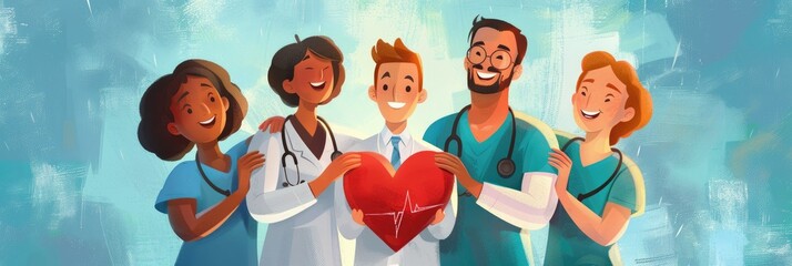 Animated medical team holding a heart - Illustration of diverse healthcare workers with a symbolic heart, showcasing teamwork and care in medicine