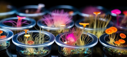 Mold and other fungi samples grown in laboratory petri dishes for mycology and microbiology research