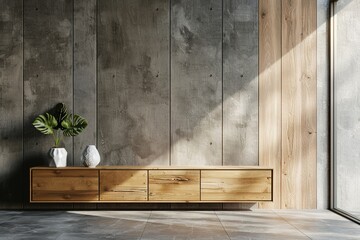 Wooden sideboard in modern living room, concrete wall with wooden paneling, home interior background with copy space, 3d rendering