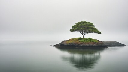 Alone tree in small island middle ocean at fog, minimalist landscape