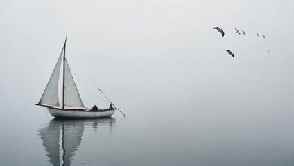 small Wooden wind boat in fog, minimal landscape