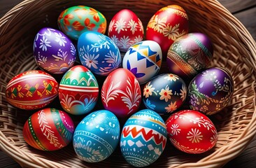 Fototapeta na wymiar Multicolored hand painted decorated Easter eggs with spring blossom flowers. Easter celebration concept. Happy Easter background.