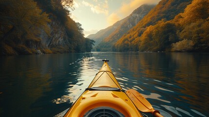a kayak on a river with mountains in the background - obrazy, fototapety, plakaty
