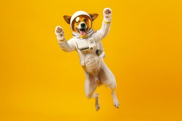 a dog wearing an astronaut suit and helm and equipment floating and jumping on a bright yellow...