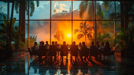 a group of people are sitting around a table in front of a large window at sunset