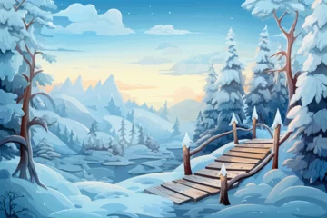Fototapeten Winter cartoon illustration, the road to a lake in winter © Abul