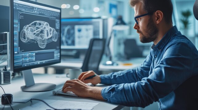 A man, wearing glasses, is working at a table in a building, designing a car using a computer. He focuses on the car's hood and automotive tires, making precise gestures for automotive lighting. AIG41