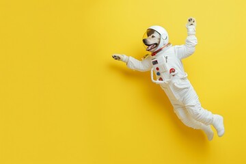 a dog wearing an astronaut suit and helm and equipment floating and jumping on a bright yellow...