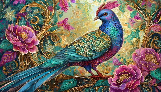 Prince pigeon bird portrait in rich floral garden. Art card
