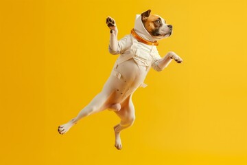 a dog wearing an astronaut suit and helm and equipment floating and jumping on a bright yellow studio background - obrazy, fototapety, plakaty
