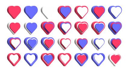 set of heart or love symbol icons in a variety of attractive colors and shapes
