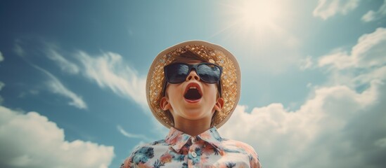 A person wearing a hat and sunglasses stands against a backdrop of the sky. The individual is a young boy with a bright shirt, stylish fedora hat, and fashionable eyewear. He raises his hand to his - obrazy, fototapety, plakaty