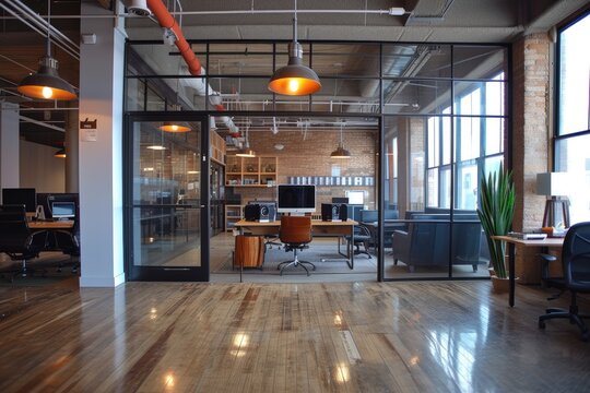 An industrial chic office space with exposed brick walls, large windows, and a mix of modern and vintage design elements, creating a warm and productive work environment.