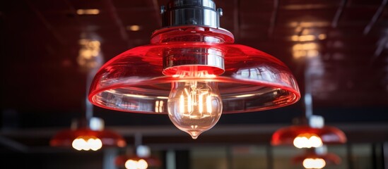 Numerous red lights, resembling fire sprinkler heads, are suspended from the ceiling. The bulbs contain red liquid, likely alcohol, and are part of a fire sprinkler system. - obrazy, fototapety, plakaty