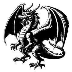 Majestic Angry Dragon Illustration Vector in Black and White
