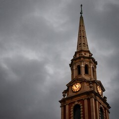Gothic Church Steeple with Clock Tower Against Moody Overcast Sky at Dusk