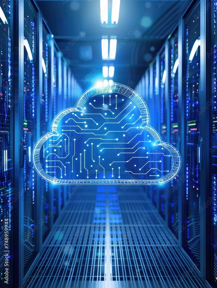 Poster cloud computing concept in server room - glowing cloud computing icon inside a futuristic data cente