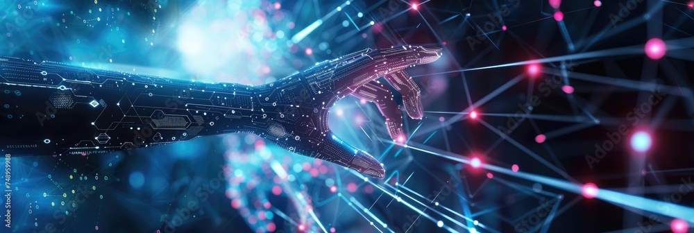 Poster cybernetic robot hand with digital connections - an artificial robotic hand reaches out with a compl